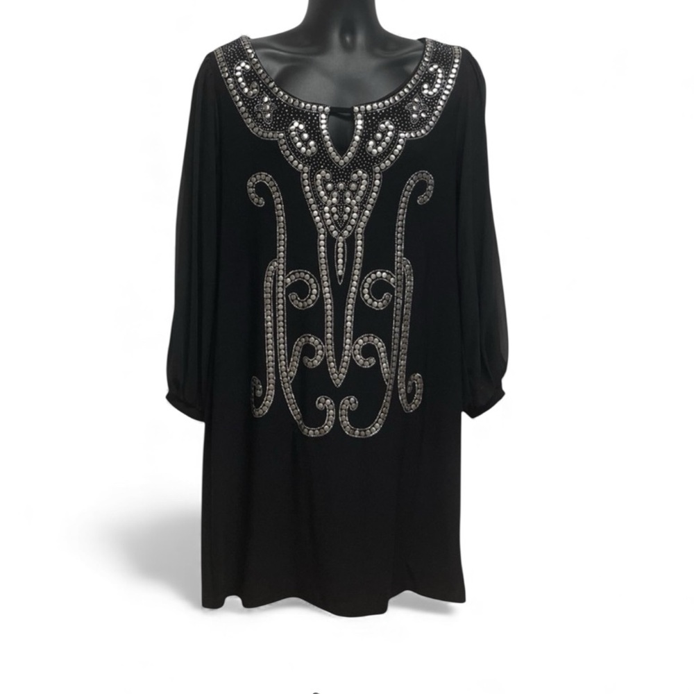 LBD NYE Ready Size 16W Black Beaded Cocktail Silver Embellished Party Dress